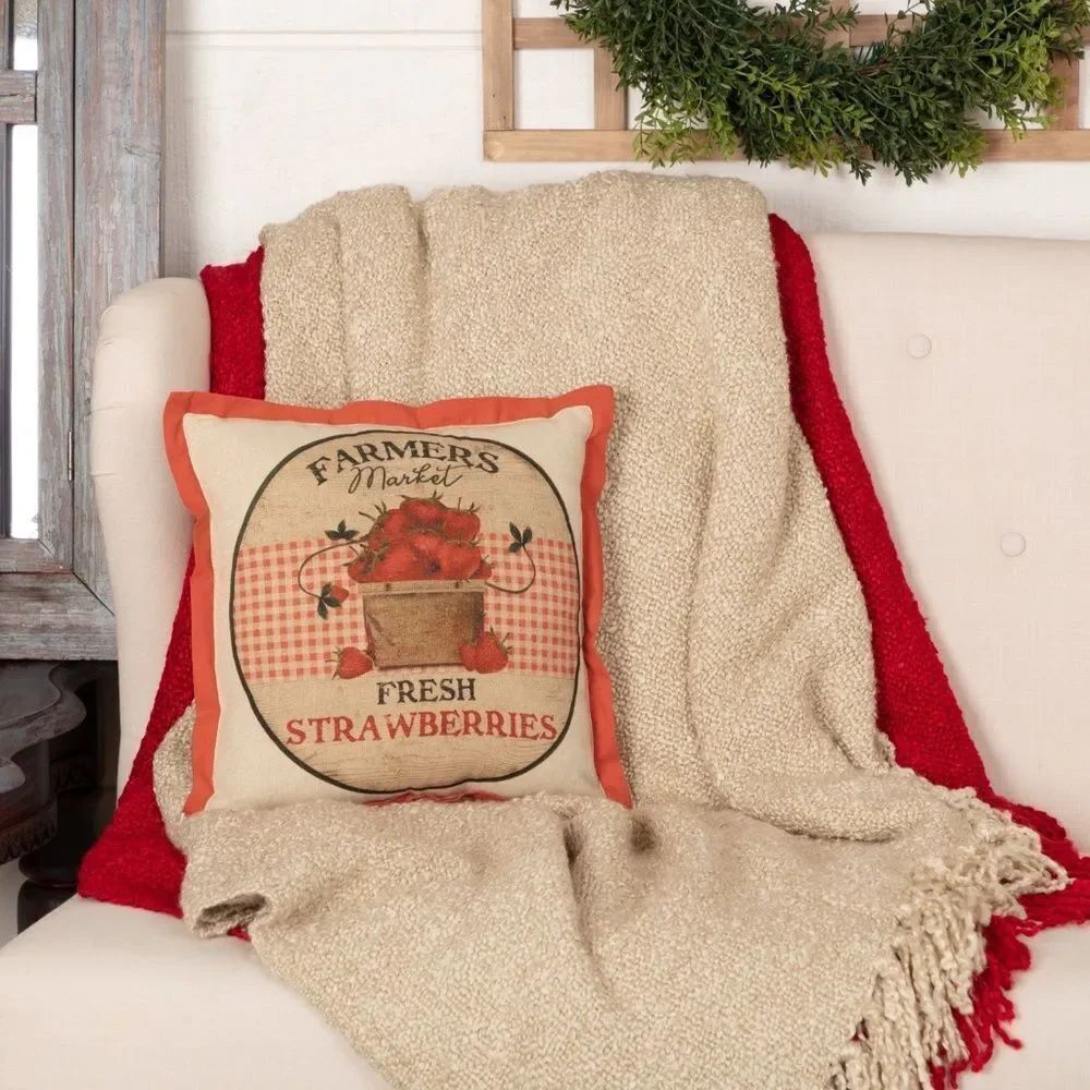 NEW! Farmer's Market Fresh Strawberries Throw Pillow 12x12 Country Farmhouse
